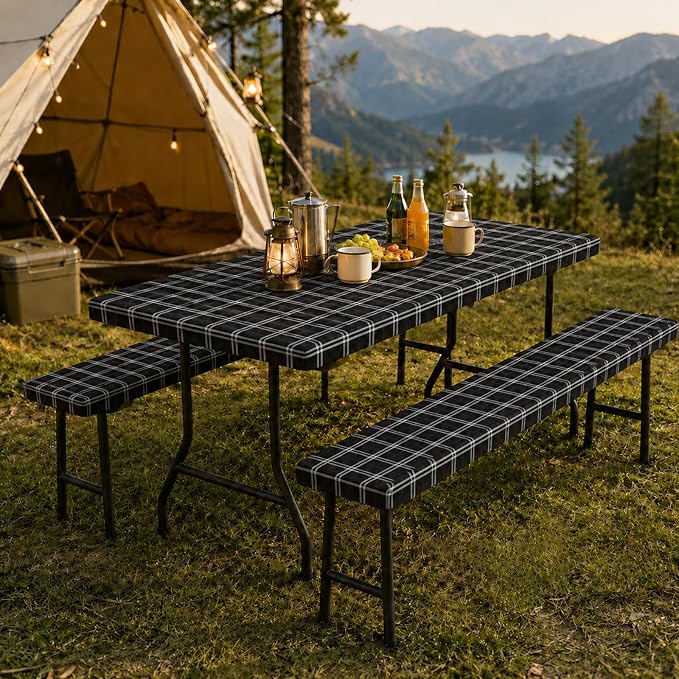 Emwwat Picnic Table Cover with Bench Covers, Waterproof Elastic Corner Fitted Tablecloth for 6 Foot Rectangle Tables, Washable Camping Table Cover Set for Picnic Outdoor BBQ (Black, 72in)