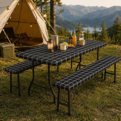 Emwwat Picnic Table Cover with Bench Covers, Waterproof Elastic Corner Fitted Tablecloth for 6 Foot Rectangle Tables, Washable Camping Table Cover Set for Picnic Outdoor BBQ (Black, 72in)