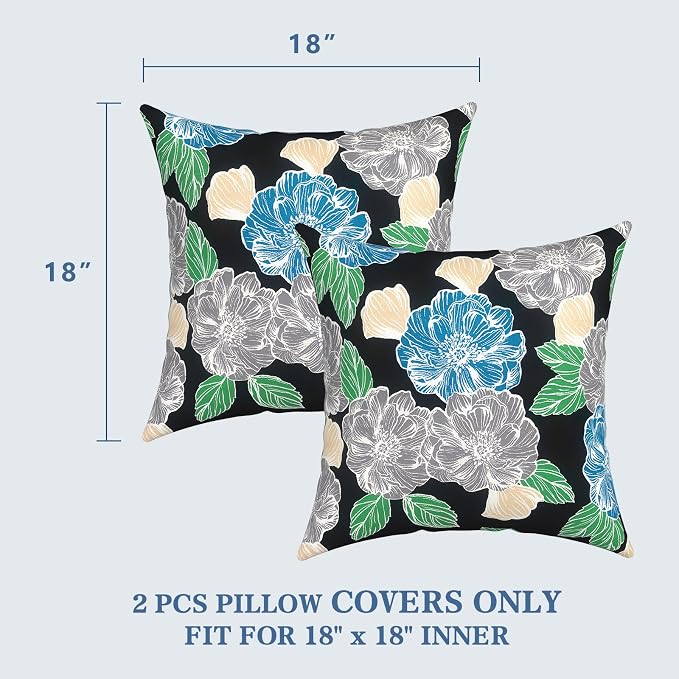 LVTXIII 2 Pack Outdoor Pillow Covers ONLY 18x18 Inch, Water-Repellent Square Decorative Cushion Covers for Patio Furniture, Garden, Sofa, Sketch Peony