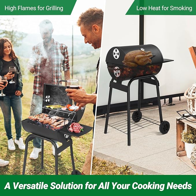 Charcoal Grill Outdoor BBQ Smoker, 33.8 Inch Barrel Barbecue Grill with Height-Adjustable Charcoal Tray, Warming Rack, Side Table and Wheels for Backyard Camping Picnic Patio, Black