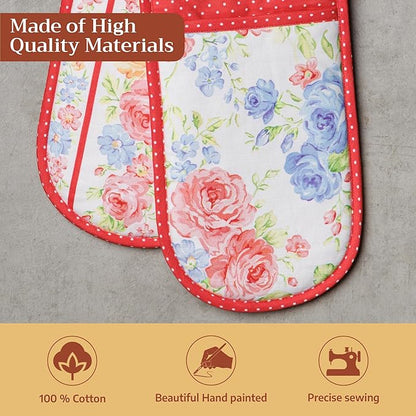 Maison d' Hermine Double Oven Mitts 100% Cotton 7"x35" Double Oven Mitt Heat Resistant BBQ Cooking Gloves with Loop Baking Grilling Kitchen Hotel Home Farmhouse Spring Summer (Vintage Floral)