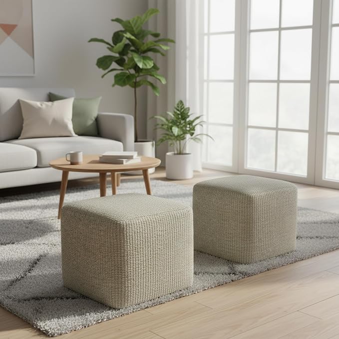 SIMPLIHOME Zelma 18" Wide Square Pouf in Cream/Natural PET Polyester | Versatile boho indoor/outdoor footstool, extra seating for living room or bedroom or patio with assembled design, assembled.