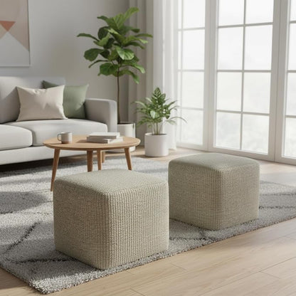 SIMPLIHOME Zelma 18" Wide Square Pouf in Cream/Natural PET Polyester | Versatile boho indoor/outdoor footstool, extra seating for living room or bedroom or patio with assembled design, assembled.
