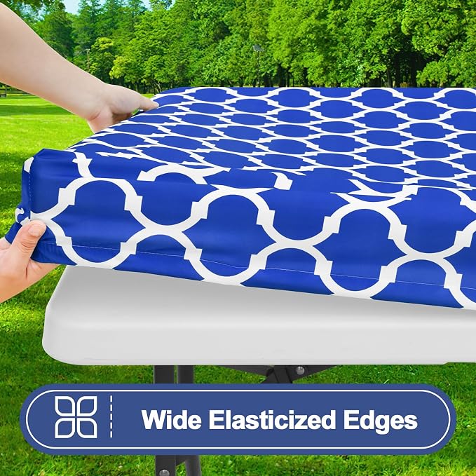 Smiry Picnic Table Cover with Bench Covers, Waterproof Elastic Fitted Tablecloth for 6 Foot Tables, Washable Polyester Tablecloths for Camping, Indoor & Outdoor (Blue, 30x72 Inch 3-pc Set)
