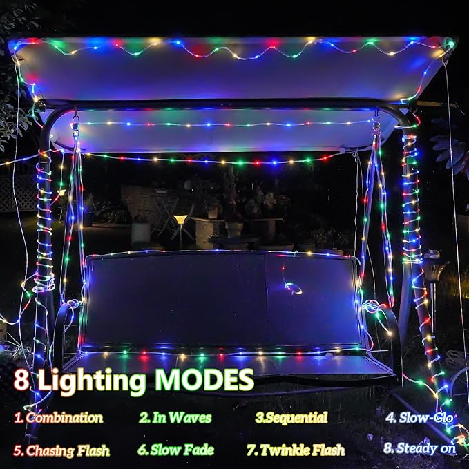 YEGUO Solar Rope Lights Outdoor Waterproof, 66ft 200 LED Multicolor String Lights, 8 Modes Fairy Lights in Clear Thin Tube