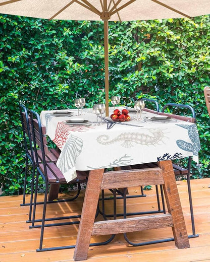 Blue Red Coastal Outdoor Tablecloth - 60x84 Inch Rectangle Waterproof Dining Table Cover, Nautical Summer Beach Coral Sea Turtle Outdoor Table Cloth with Umbrella Hole & Zipper for Patio