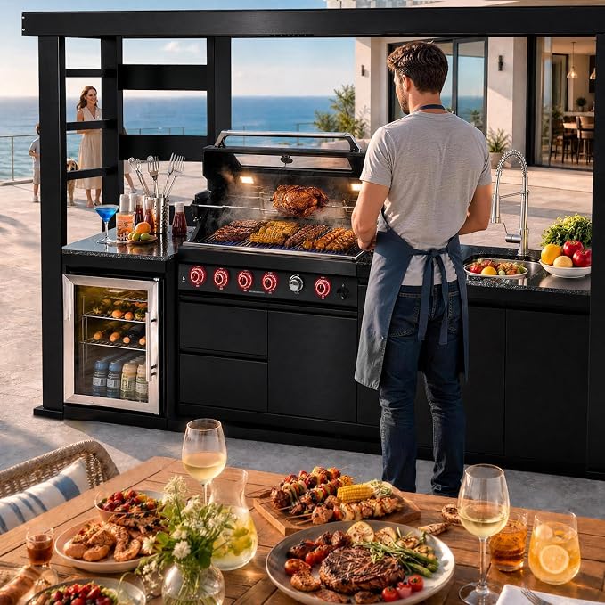 110.7" 4-Burner Modular Outdoor Kitchen Island, 72000 BTU Propane Gas Grill | Side Stove, Rear Infrared, Galvanized Steel Roof, Granite Countertop, Fridge, 360° Pull-Out Faucet,304 Sink, Rotisserie