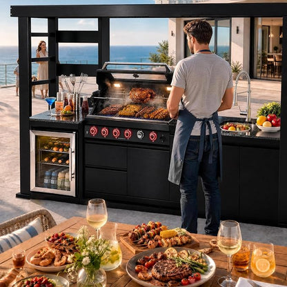 110.7" 4-Burner Modular Outdoor Kitchen Island, 72000 BTU Propane Gas Grill | Side Stove, Rear Infrared, Galvanized Steel Roof, Granite Countertop, Fridge, 360° Pull-Out Faucet,304 Sink, Rotisserie