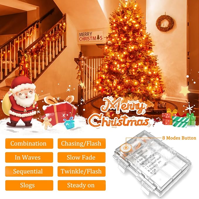 JMEXSUSS 33ft 100 LED Orange Christmas Lights, Battery Operated Christmas Lights, Orange String Lights with Remote Indoor Outdoor Waterproof for Fall Xmas Decorations (Pack of 2)