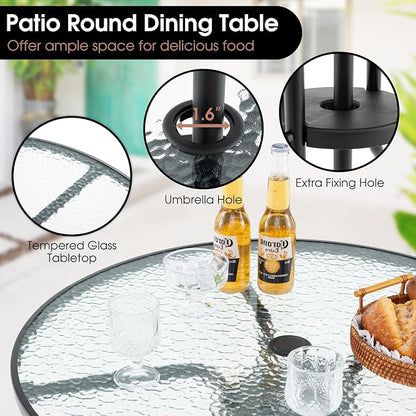 GIANTEX 6 Pieces Patio Dining Set, Folding Patio Chairs Set of 4, Tempered Glass Umbrella Table with Hole, Patio Table and Chairs for Lawn, Deck, Poolside, Backyard (Brown)