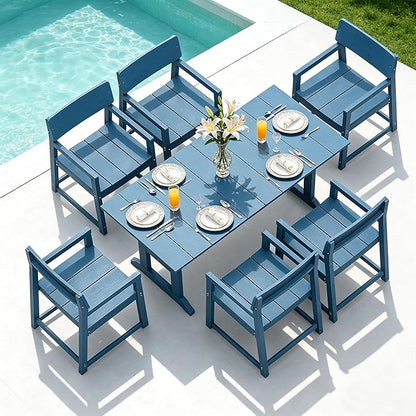 Shintenchi 7 Pieces Outdoor Dining Set,HDPE Outdoor Table and Chairs Set for 6,All Weather Patio Furniture Sets with Umbrella Hole,Modern Wooden Textured Dining Sets for Backyard,Garden,Blue