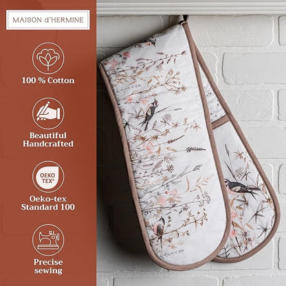 Maison d' Hermine Double Oven Mitts 100% Cotton 7"x35" Double Oven Mitt Heat Resistant BBQ Cooking Gloves with Loop Baking Grilling Kitchen Hotel Home Farmhouse Spring Summer (Meadow Florals - Brown)