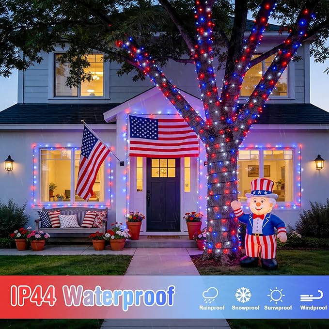 4 Pack Red White and Blue Lights, 50 LEDs 16.5ft 4th of July Lights Battery Operated, Green Wire Battery Powered Twinkle Lights for Tree Wreath Christmas Independence Day Decorations