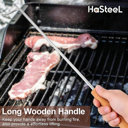Stainless Steel Pigtail Food Flipper, HaSteeL 17Inch Meat Turner Hook for Right Handed, Grill Accessories Steak Flippers With Wooden Handle for Outdoors Griddle BBQ Grilling Kitchen Cooking, Large