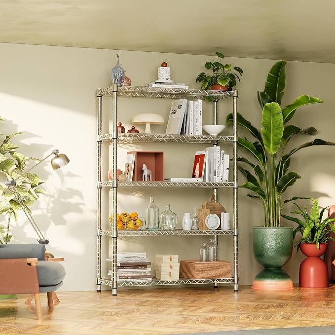 IZEUK 1750LBS Garage Shelving Wide Storage Shelves 5 Tier Metal Shelves Heavy Duty Adjustable Utility Shelf Rack (Chrome, 5 Tier, 15.7" D x 45.3" W x 70.9" H)