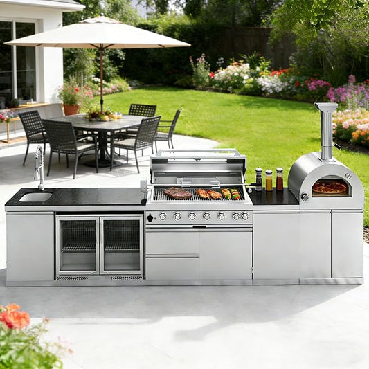 147-Inch Stainless Steel Outdoor Kitchen Island,Natural Gas BBQ Grill with Pizza Oven,Rotisserie,Double Door Refrigerator,Granite Countertop,Storage Cabinets & Drawers 120,000 BTU.