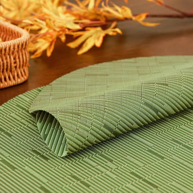 15 Inch Round Placemats Set of 8, Washable Vinyl Woven Place Mats | Heat Resistant Non-Slip Braided Table Mats for Dining Table Kitchen Indoor & Outdoor Use (Green, Set of 8)