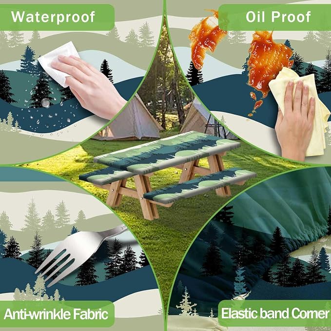 JAWO Picnic Table Cover with Bench Covers, Mountain Forest Camping RV Essentials Gear Supplies Outdoor Waterproof Windproof Tablecloth with Elastic, 72in, Green Blue