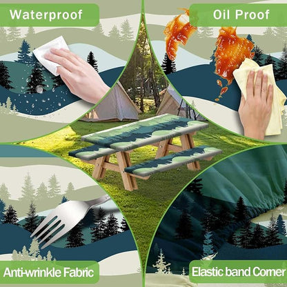 JAWO Picnic Table Cover with Bench Covers, Mountain Forest Camping RV Essentials Gear Supplies Outdoor Waterproof Windproof Tablecloth with Elastic, 72in, Green Blue