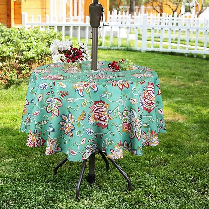 EHouseHome Outdoor and Indoor 60inch Round Tablecloth with Umbrella Hole and Zipper, Waterproof Zippered Patio Cloths, Spring/Summer Table Covers for Backyard Circular Table/BBQs/Picnic