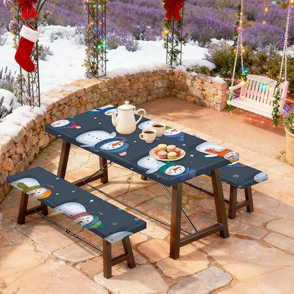 Christmas Picnic Table Cover with Bench Covers Set, Elastic Fitted Tablecloth for Outdoor Picnic Tables, Blue Snowman Design, Durable Vinyl Table Cover for Winter Camping, BBQs, and Holiday
