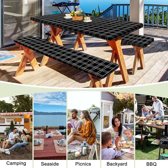 Picnic Table and Bench Cover Set, Waterproof Fitted Elastic Cloth | Portable Camping Essentials With Built-In Storage Pocket And Waterproof Fabric For Outdoor RV Or Picnic Table Use
