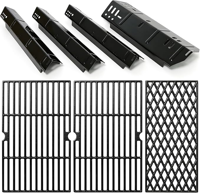 for Dyna-Glo DGH450CRP Grill Grates & Heat Plates Replacement Kit, Fits DGH450CRP DGH451CRP 4 Burner Grill, Cast Iron Cooking Grates + Porcelain Steel Heat Tents (70-01-911, 70-02-411, 70-02-412)
