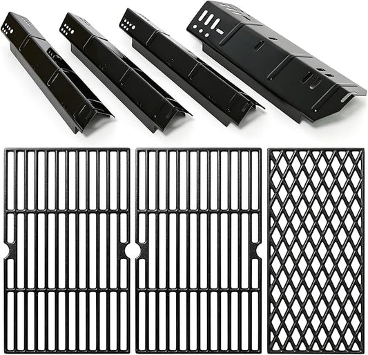 for Dyna-Glo DGH450CRP Grill Grates & Heat Plates Replacement Kit, Fits DGH450CRP DGH451CRP 4 Burner Grill, Cast Iron Cooking Grates + Porcelain Steel Heat Tents (70-01-911, 70-02-411, 70-02-412)