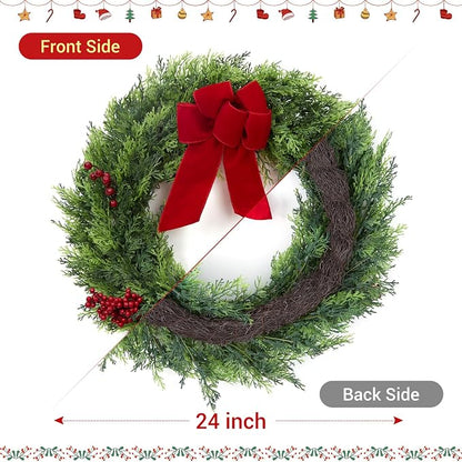GarveeHome Christmas Wreaths for Front Door, 24 in Large Outdoor Christmas Wreath with Berries Velvet Bow, Winter Artificial Cypress Wreath Xmas Wreath for Indoor Window Wall Fireplace Holiday Decor