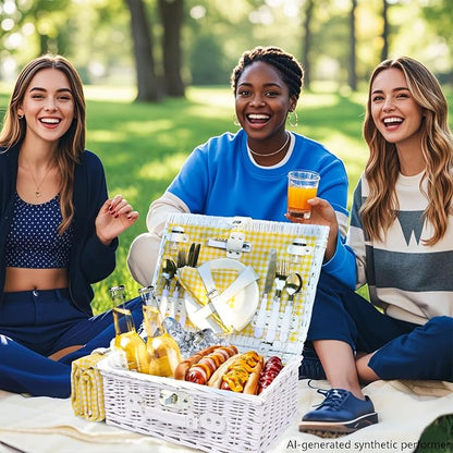Wicker Picnic Basket Set for 4, Blanket, Cooler Bag, Yellow Grid | Four-Person Wicker Set Includes Tableware, Insulated Food Storage and Waterproof Blanket for Parks, Camping, Dates and Gifts