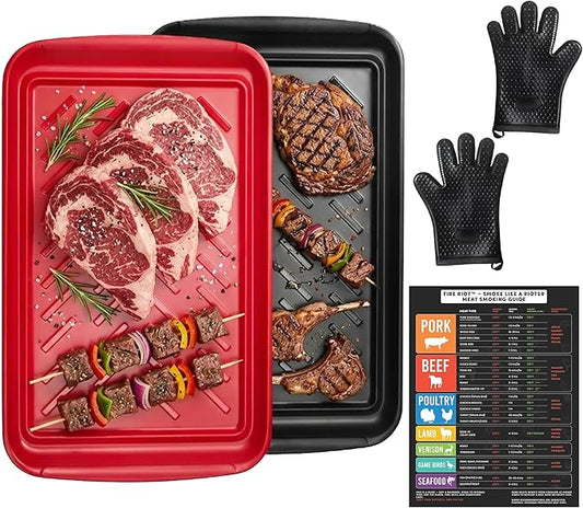 FIRE RIOT Grilling Prep & Serve Trays Set, BBQ Trays for Marinating Raw & Cooked Food with Heat Resistant Silicone Gloves & Meat Smoking Guide, Dishwasher Safe