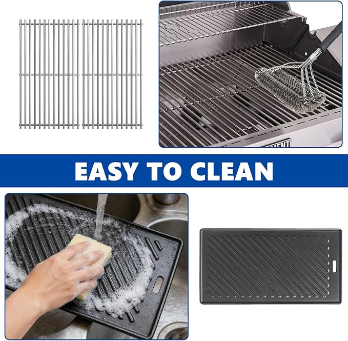 SafBbcue Replacement Parts for Monument Mesa 400, 25392 and 13478, A005 Cast Iron Griddle and 98888 Stainless Steel Grill Grates for Monument Grills 4-Burner Propane Gas Grill Accessories