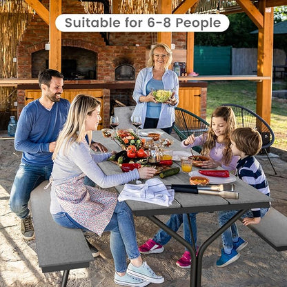 Giantex 6 FT Outdoor Picnic Table Bench Set for 6-8 People, 2400 LBS Capacity Patio Dining Table & 2 Benches with Metal Frame & HDPE, Balcony Conversation Set for Poolside Deck Garden (Gray)