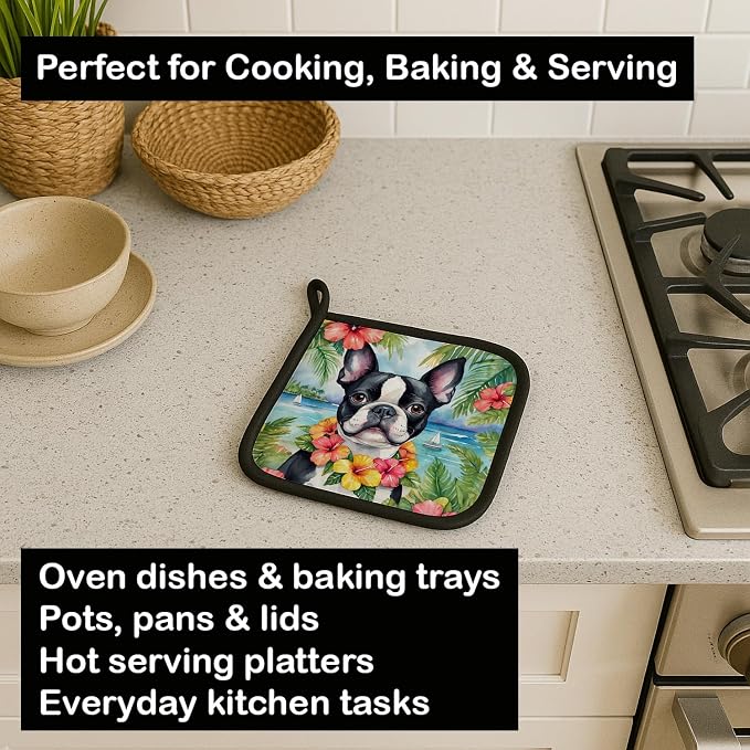 Caroline's Treasures Boston Terrier Luau Pair of Pot Holders Kitchen Heat Resistant Pot Holders Sets Oven Hot Pads for Cooking Baking BBQ, 7 1/2 x 7 1/2