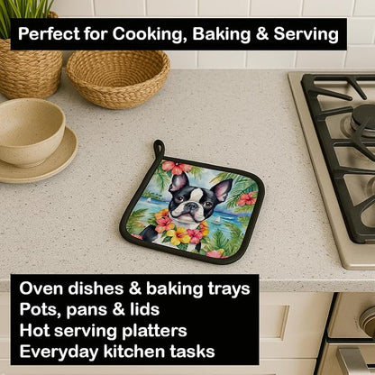 Caroline's Treasures Boston Terrier Luau Pair of Pot Holders Kitchen Heat Resistant Pot Holders Sets Oven Hot Pads for Cooking Baking BBQ, 7 1/2 x 7 1/2