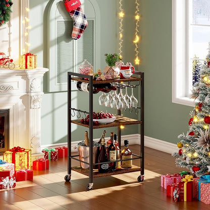 TUTOTAK Bar Cart with Wheels, Mini Drink Cart with Wine Rack & Glass Holder | 3-Tier 17 Inch Wide Home Bar Serving Carts, Small Mobile Kitchen Shelf with 6 Hooks, Rustic Brown BC01BB035