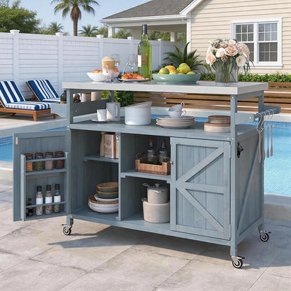 Outdoor Kitchen Island with Stainless Steel Top, Rolling Grill Cart with Storage Cabinet, Farmhouse Solid Wood Prep Station with Spice & Towel Rack for Patio BBQ.Suitable for backyards, etc.