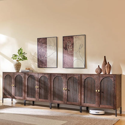 IFBUY Modern Sideboard Buffet Cabinet, 123.5" W Fluted Arched Buffet Cabinet with Storage and Adjustable Shelves, Wooden Modular Coffee Bar Cabinets for Kitchen, Entryway, Brown