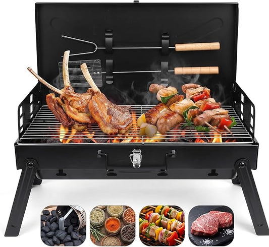Charcoal Grills, Square Portable Charcoal Grills with Lid & 3 Adjustable heights, Barbecue Grill for Outdoor Backyard