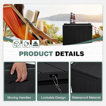 GUNJI 30 Gallon Small Deck Box Outdoor Waterproof Resin Storage Box Lockable Storage Container Outside Package Delivery Box (Black)