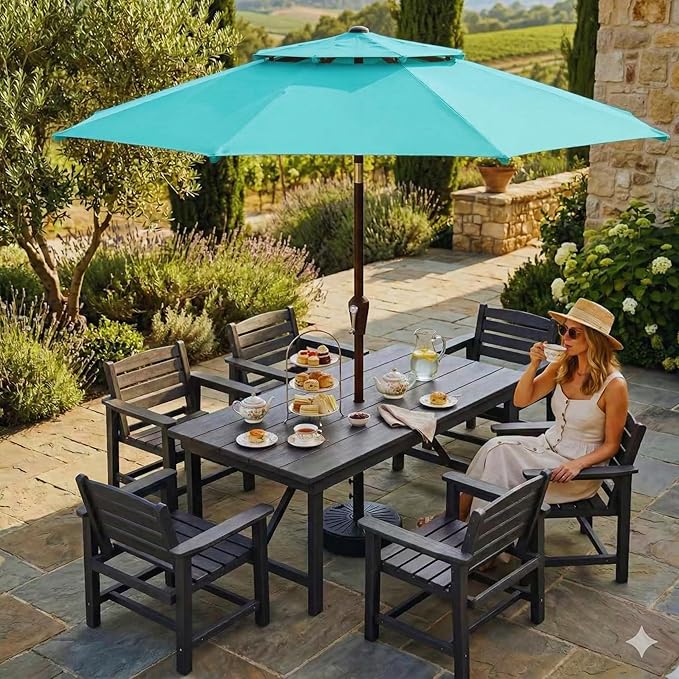 Patio Umbrella, 2 Tier Outdoor Table Umbrella, Large Vented Market Umbrellas with Push Button Tilt and Crank, 8 Sturdy Ribs for Backyard, Deck, Pool, UPF50+ UV Protection