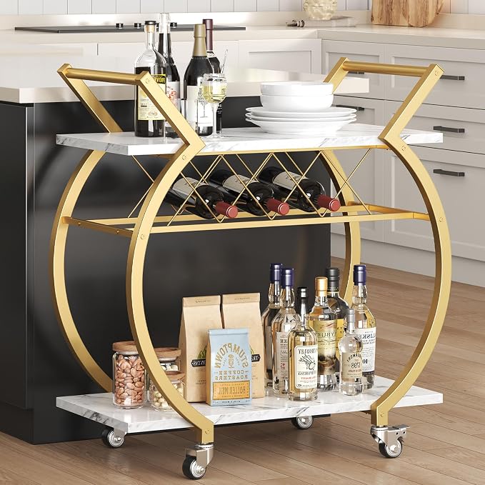 LVB Gold Bar Cart with Wheels, Modern White Marble Home Bar Serving Cart | Drink Cart with Wine Rack, Metal Wooden Beverage Cart, Rolling Kitchen Cart for Home Dining Room,Gold White Marble