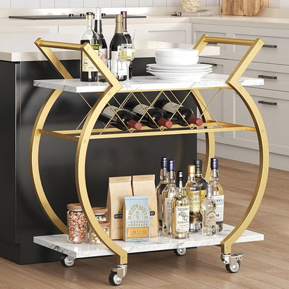 LVB Gold Bar Cart with Wheels, Modern White Marble Home Bar Serving Cart | Drink Cart with Wine Rack, Metal Wooden Beverage Cart, Rolling Kitchen Cart for Home Dining Room,Gold White Marble