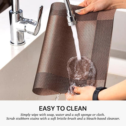 LEXMORE Placemats Set of 8 Vinyl/Plastic Woven Place Mats for Kitchen Table Indoor/Outdoor Washable Placemat Wipeable Dining Table Mats(Brown Cube)