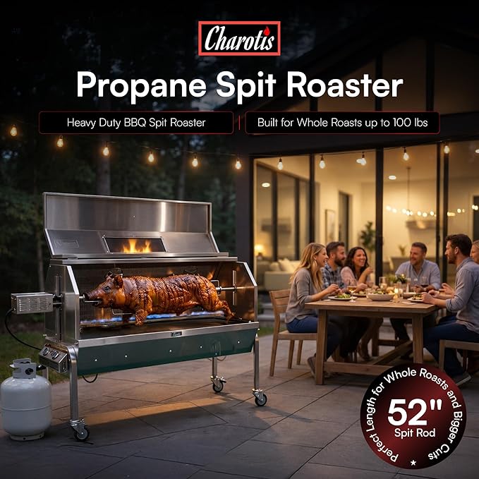 52 Inch Propane Rotisserie Spit Roaster for Whole Pig, Lamb, Goat, Stainless Steel BBQ Grill with Hood, 50W Motor 200 lb Torque, 4 RPM, Thermometer, Grates, Drip Pan & Accessories - SSG1