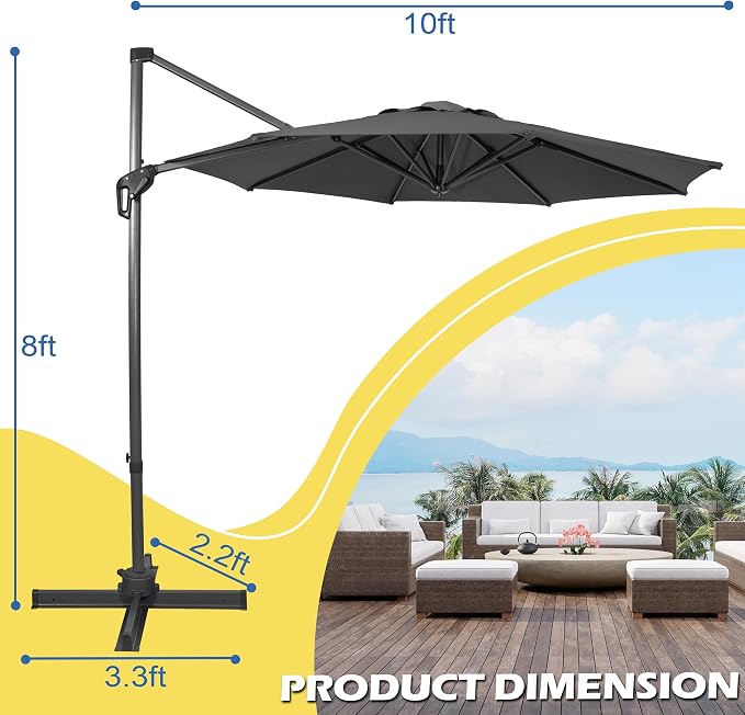 Sunnyglade 10Ft Cantilever Patio Umbrella, 360° Rotation & Integrated Tilting System Offset Umbrella with 8 Sturdy Ribs, Fade-resistant & Waterproof for Garden Backyard Poolside Deck