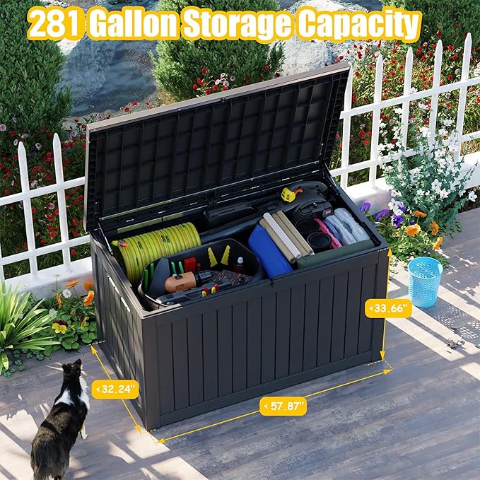 PatioZen 281 Gallon Large Resin Deck Box, Lockable Outdoor Storage Box for Patio Cushions Storage Furniture,Garden Tools, Pool Supplies, Weatherproof and UV Resistant (Black)