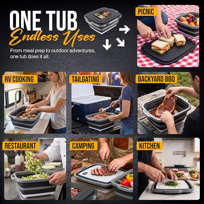 XL Collapsible BBQ Prep Tub with Lid & Cutting Board 3-in-1 by Smoker Chef - 7.9 Gal - 24"L x 17.8"W x 10"D