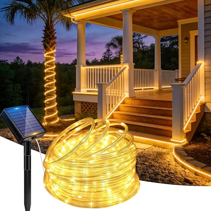 Solar Rope Lights, 33FT 100 LED Solar Fairy Lights with 8 Lighting Modes, IP65 Waterproof Strip Light Outdoor for Garden Yard Patio Deck Fence Tree Party Holiday Decoration, Warm White