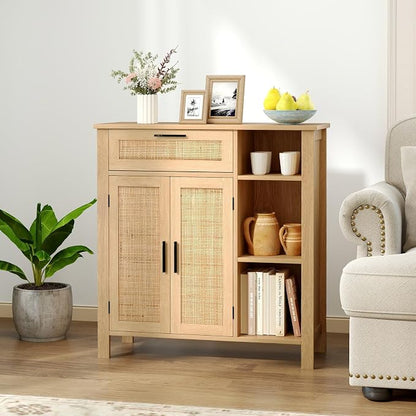 Giantex Buffet Cabinet with Storage, Boho Rattan Sideboard with 2 Doors, Drawer, 3 Open Cubbies, Adjustable Shelf, Freestanding Accent Cabinet for Kitchen,Living Room, Natural